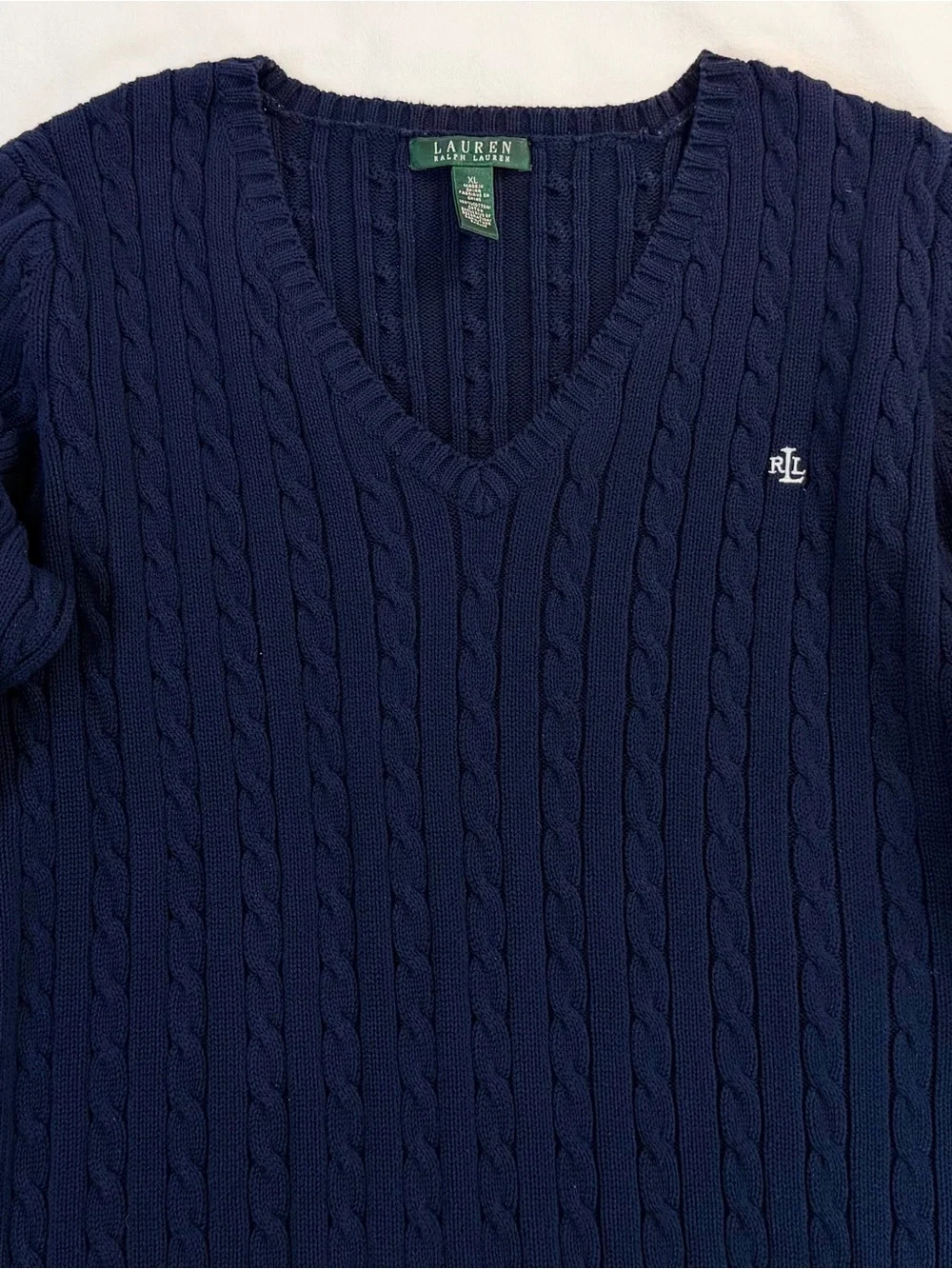 Lauren Ralph Lauren Navy Blue V-Neck Cable Knit Cotton Sweater XL - Picture 3 of 9